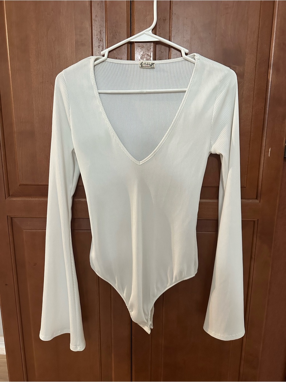 Free People Ribbed V-Neck Long Sleeve Bodysuit - White